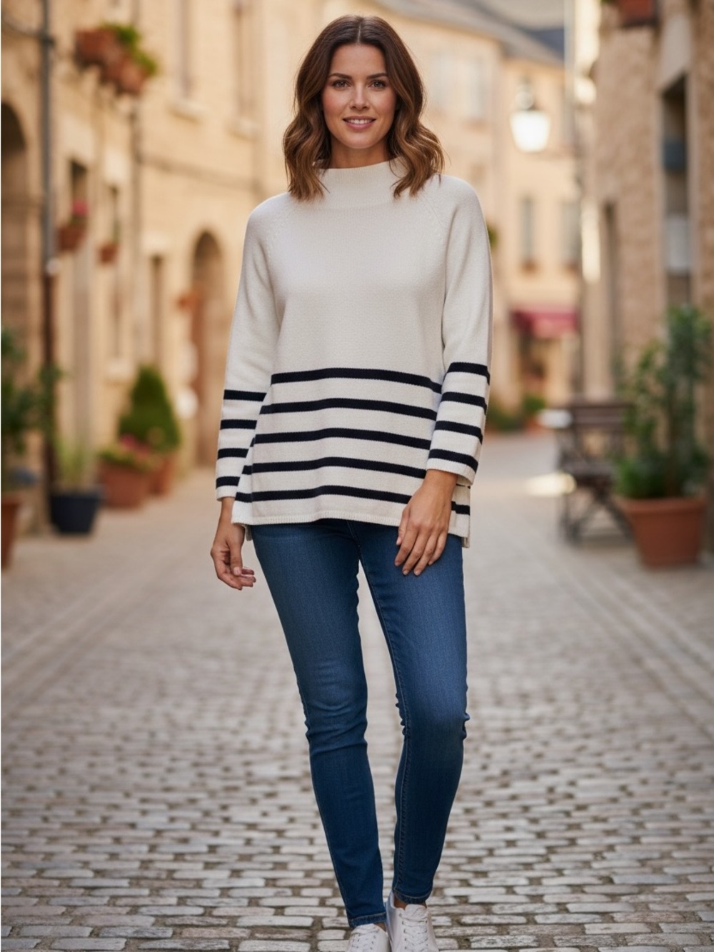 LOFT Cream Crewneck‎ Sweater with Navy Stripes